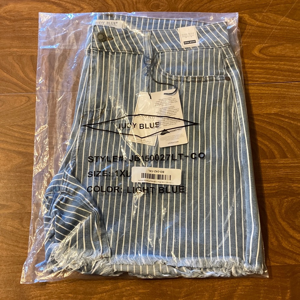 Judy Blue High Waist Pinstripe Denim shorts with raw hem